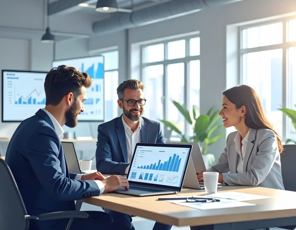 Firefly Team of business professionals in a modern office analyzing verified email data on la 542207