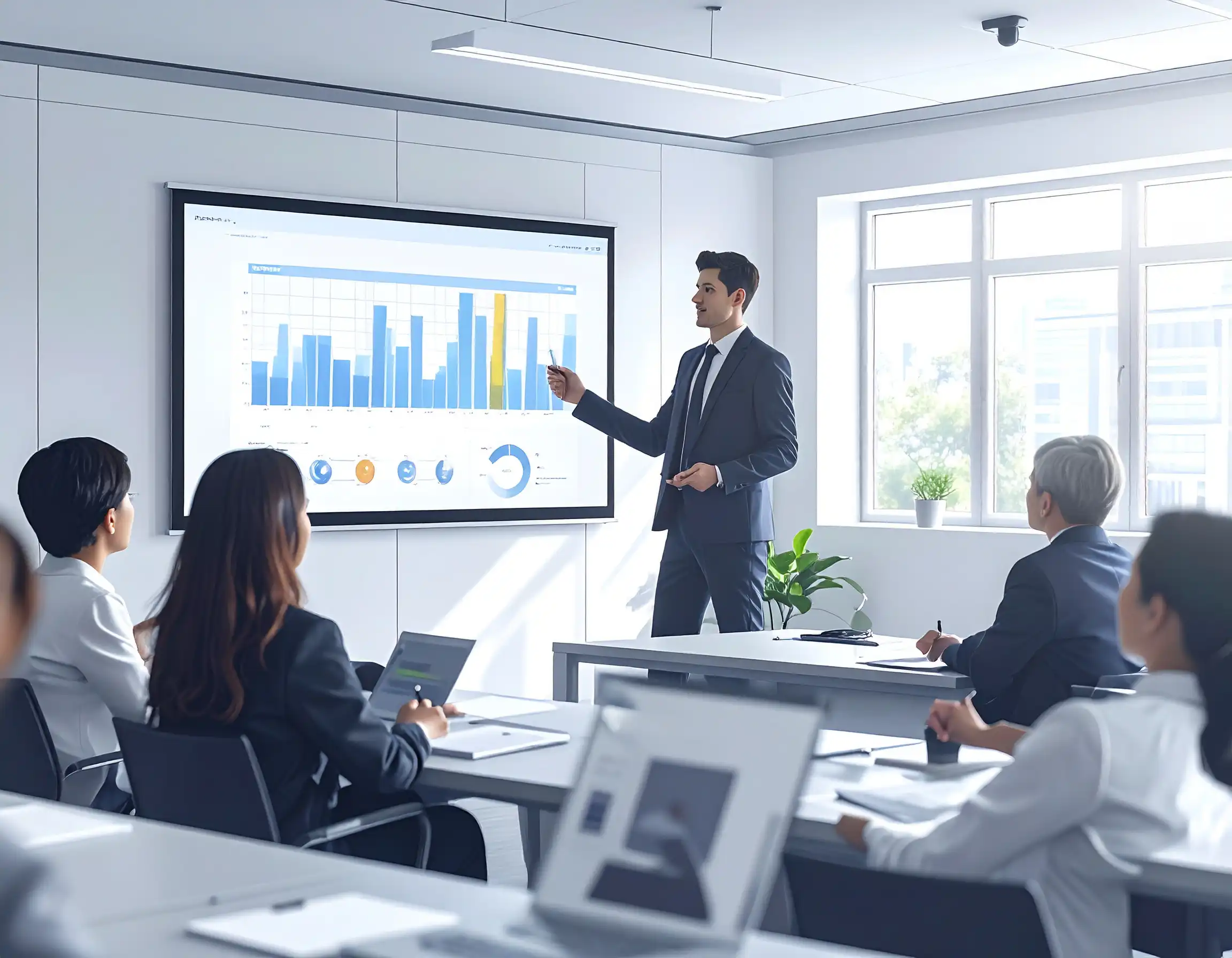 Firefly Professional trainer giving a business presentation to a group of people in a modern 492723